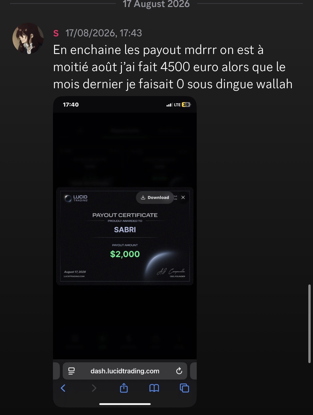 Payout de 2 000 $ obtenu par un membre suivi en 1:1