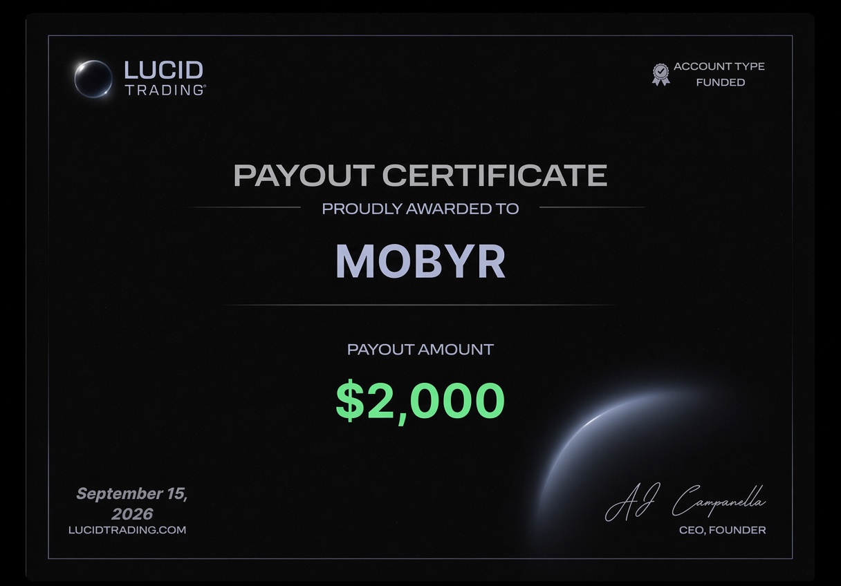 Certificat de payout Lucid Trading de 2 000 $ au nom de Mobyr
