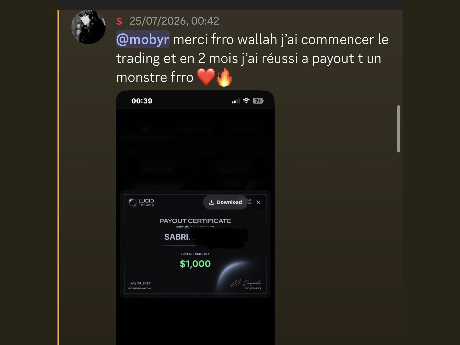Membre suivi en 1:1 avec un certificat de payout de 1 000 $ après deux mois
